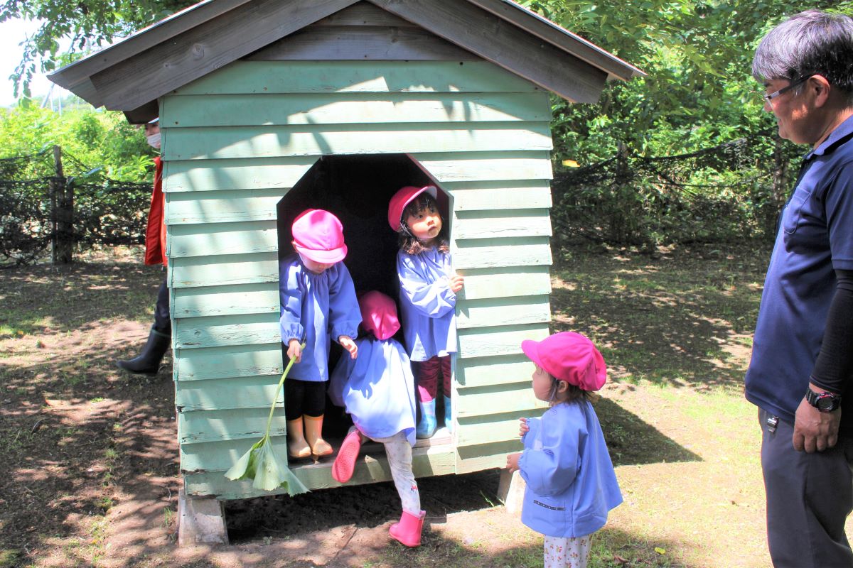 森の小屋に入って遊ぶ2才児の様子